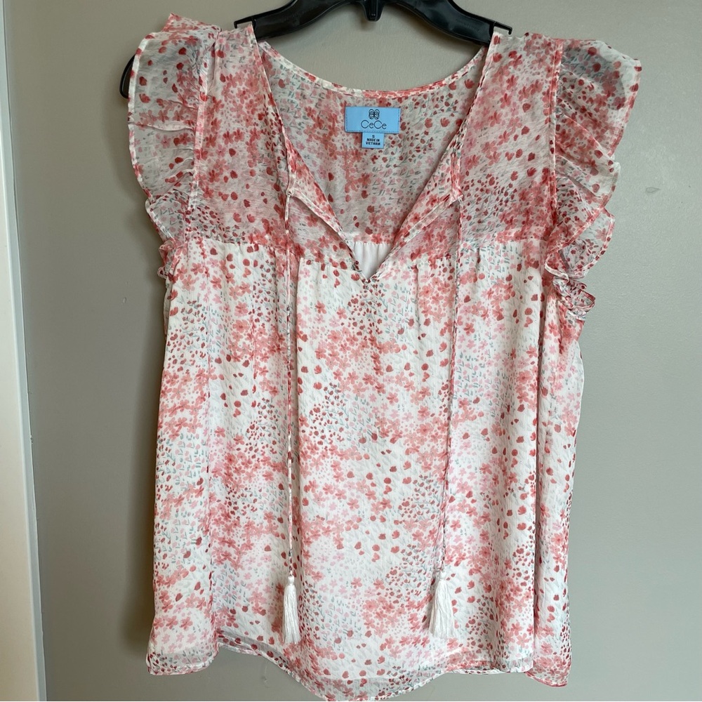 CeCe Flutter Sleeve Blouse White and Pink Ruffled